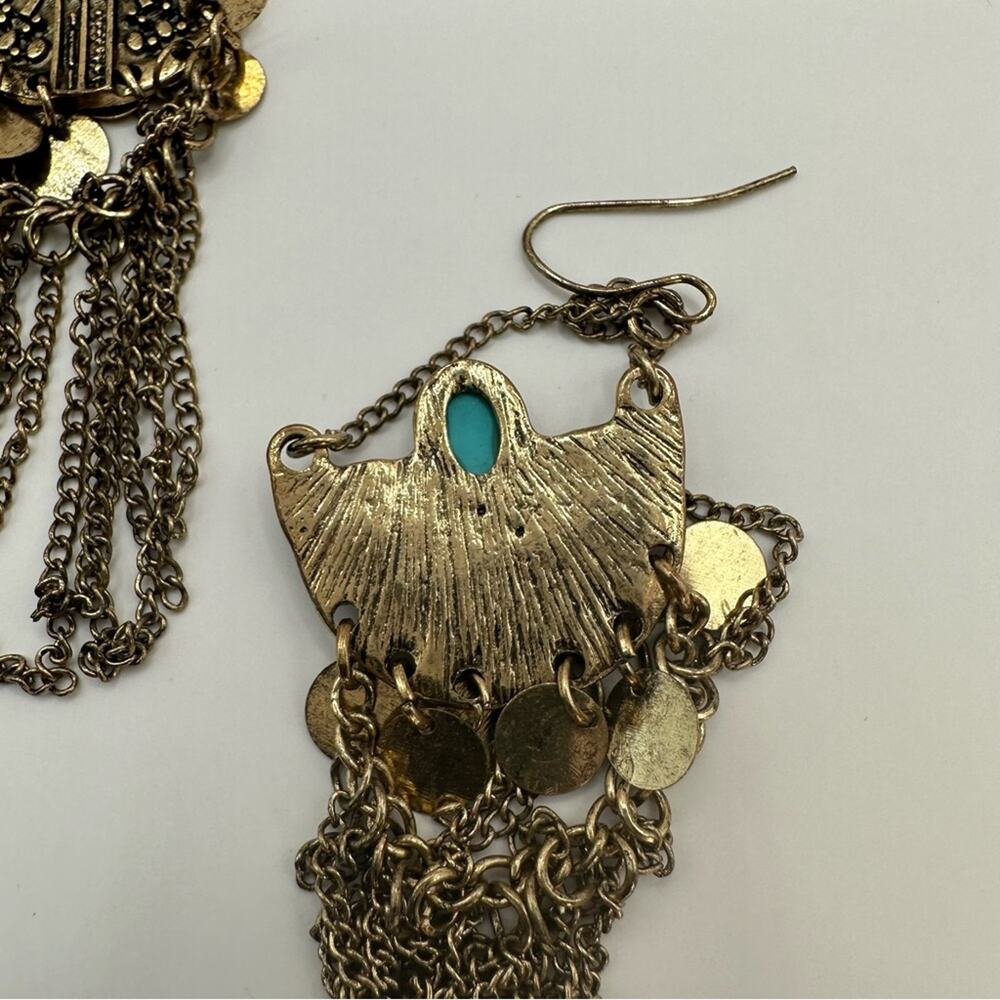 Western Blue Gold tone Turquoise Dangle Chandelier Statement Earrings Boho - Picture 9 of 9